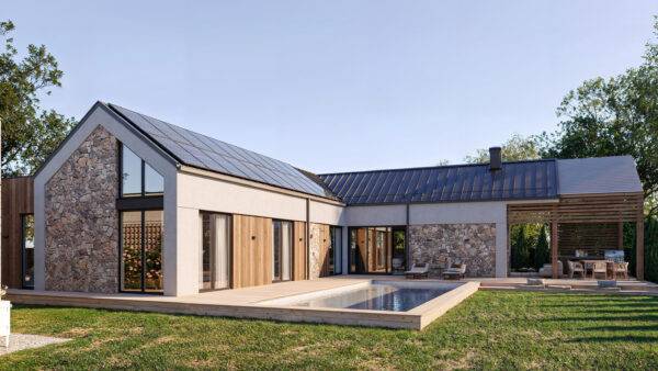 Modern barnhouse with a safety room made of SIP panels, 261 sq.m.