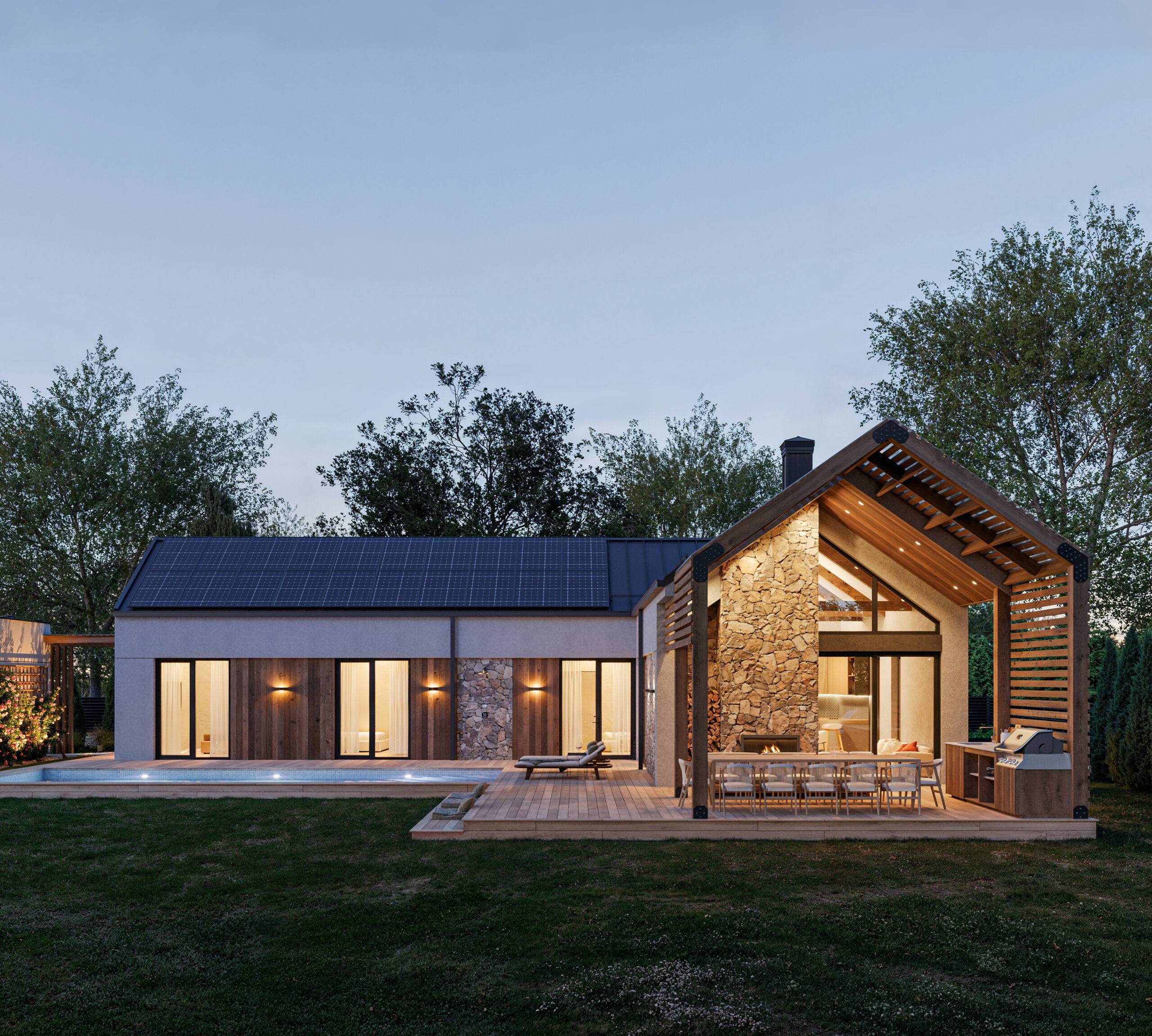 Modern barnhouse with a safety room made of SIP panels, 261 sq.m.