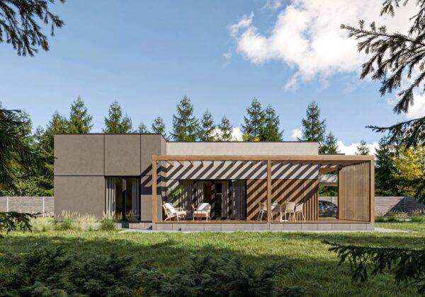 Modern house made of SIP panels with a terrace and a pergola