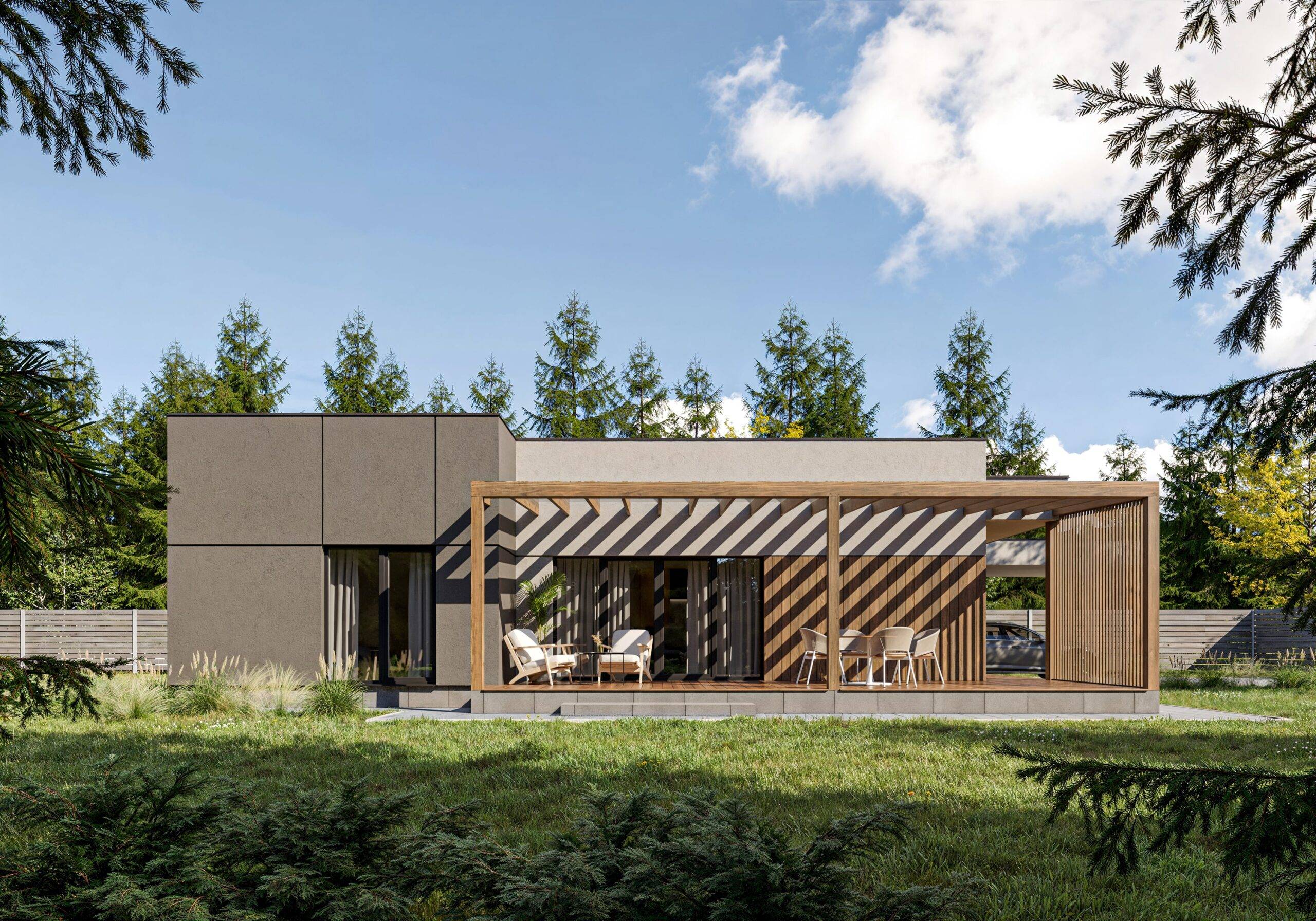 Modern house made of SIP panels with a terrace and a pergola